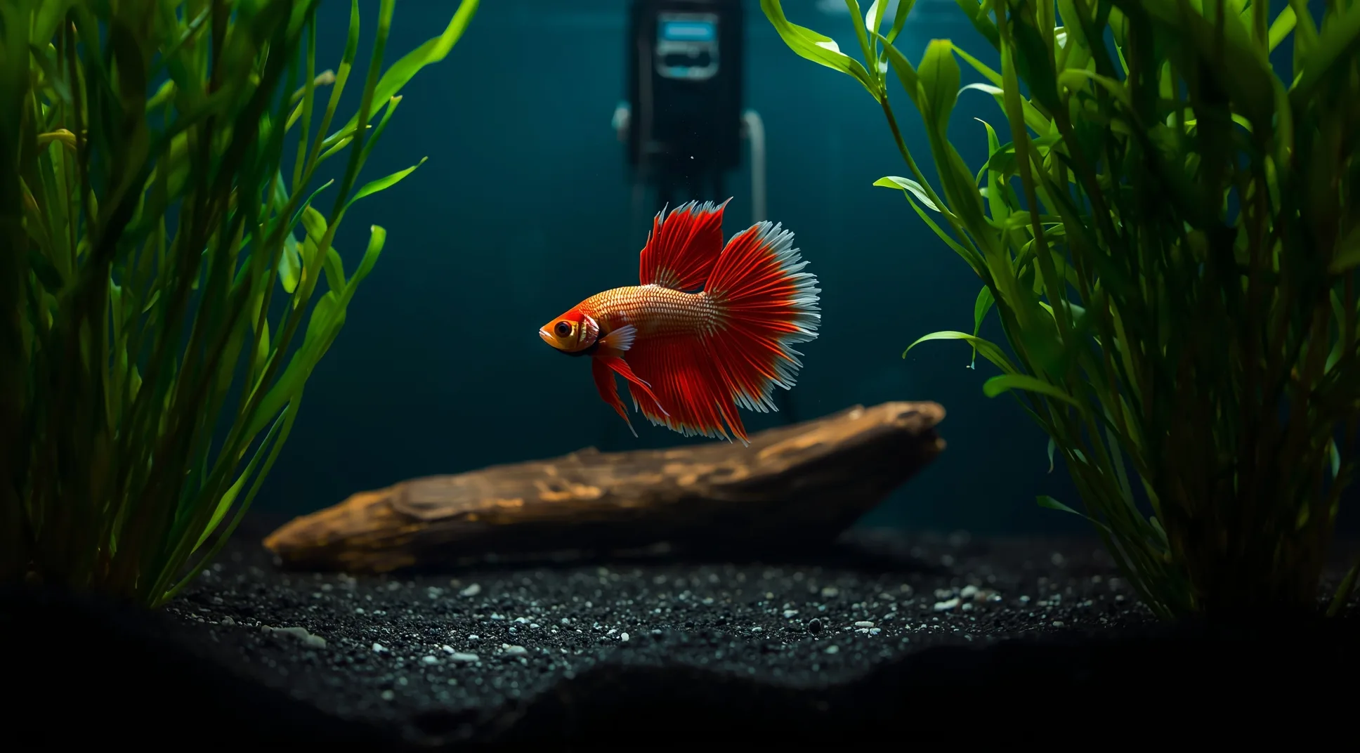 Coral betta with flowing fins centered in a densely planted five-gallon tank, deep teal water darkening at the edges.