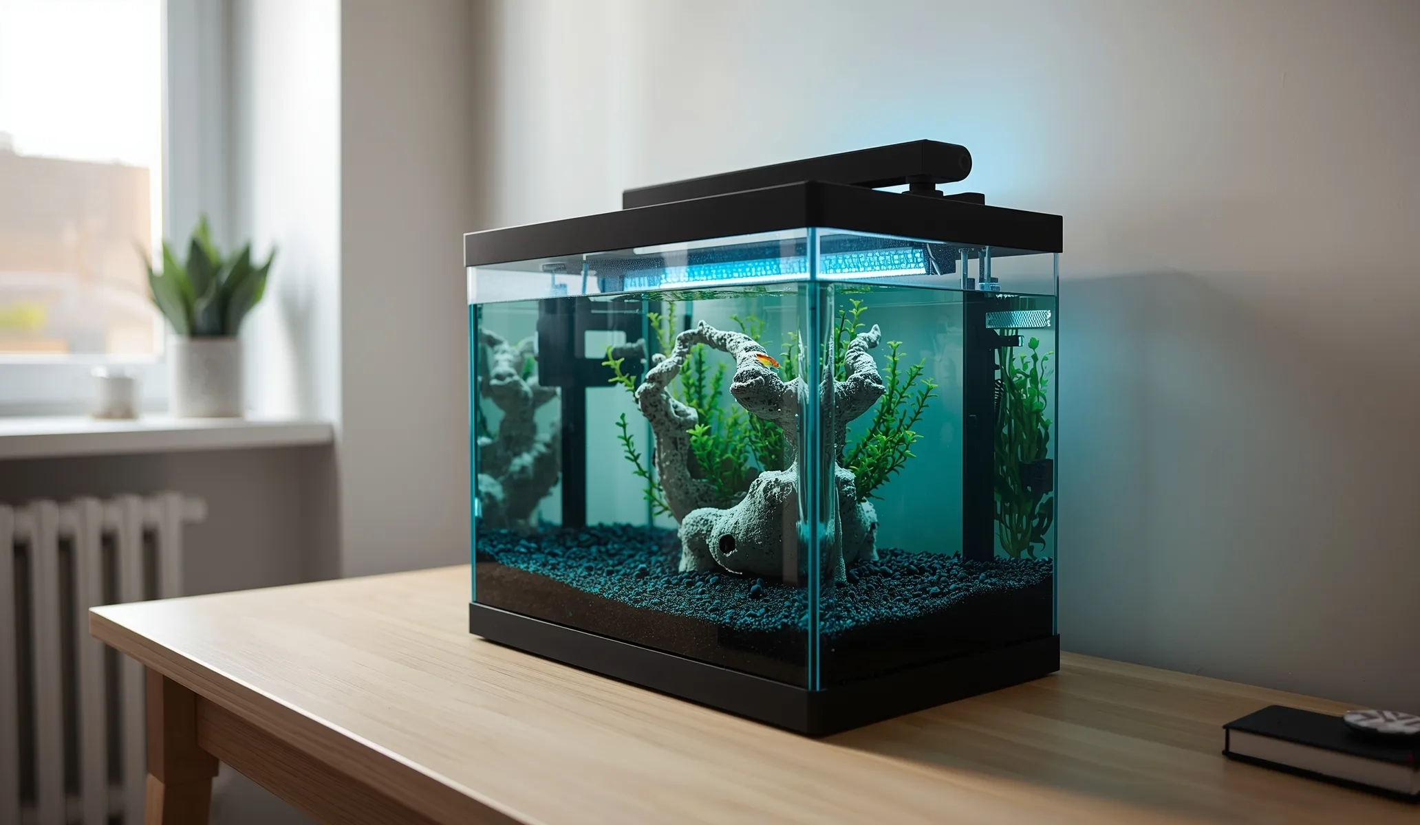Planted five-gallon glass tank on a wooden desk in daylight, heater, thermometer, lid and lit LED all visible.