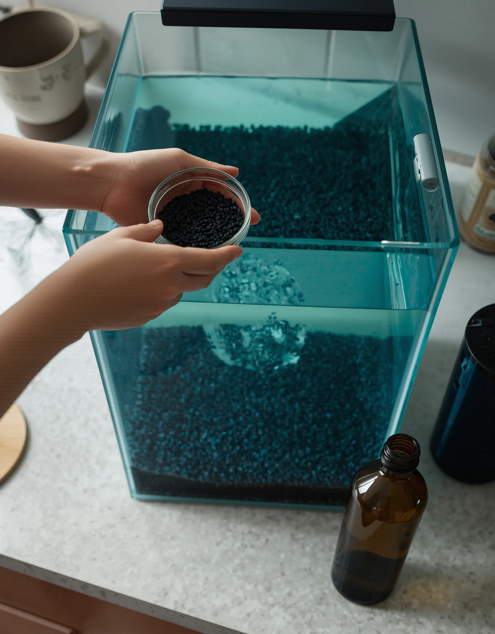Hands rinse dark gravel into an empty new five-gallon tank on a counter, heater and conditioner bottle laid out beside it.