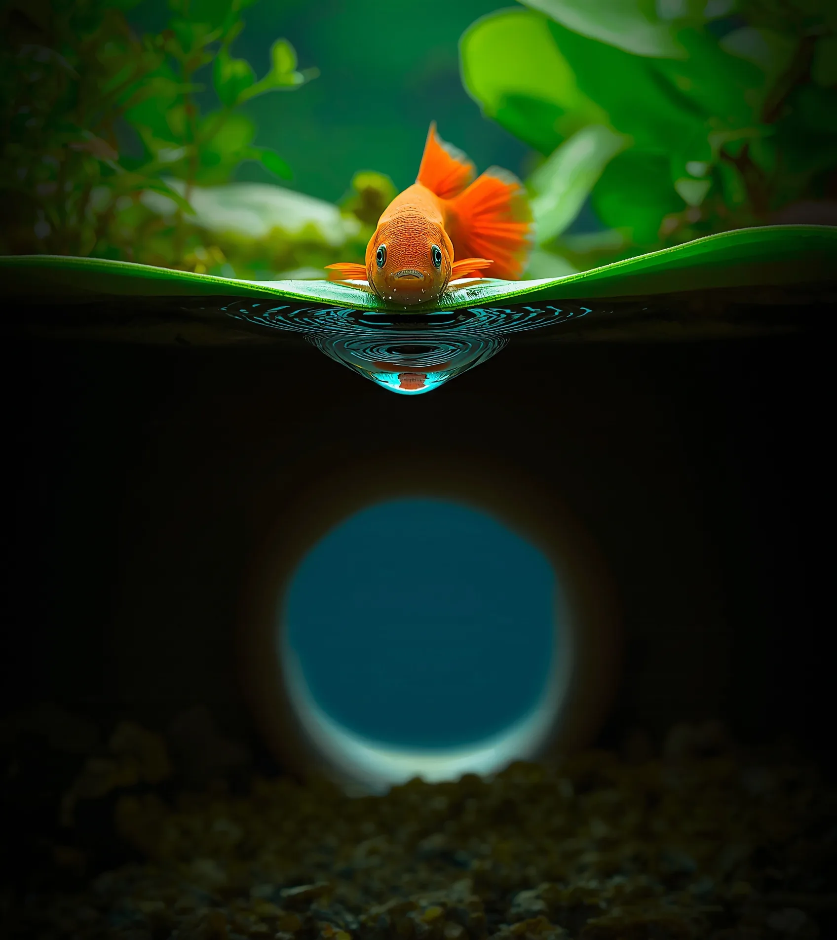 Coral betta rests on a broad leaf at the surface, mouth breaking the waterline to gulp air, planted tank below.