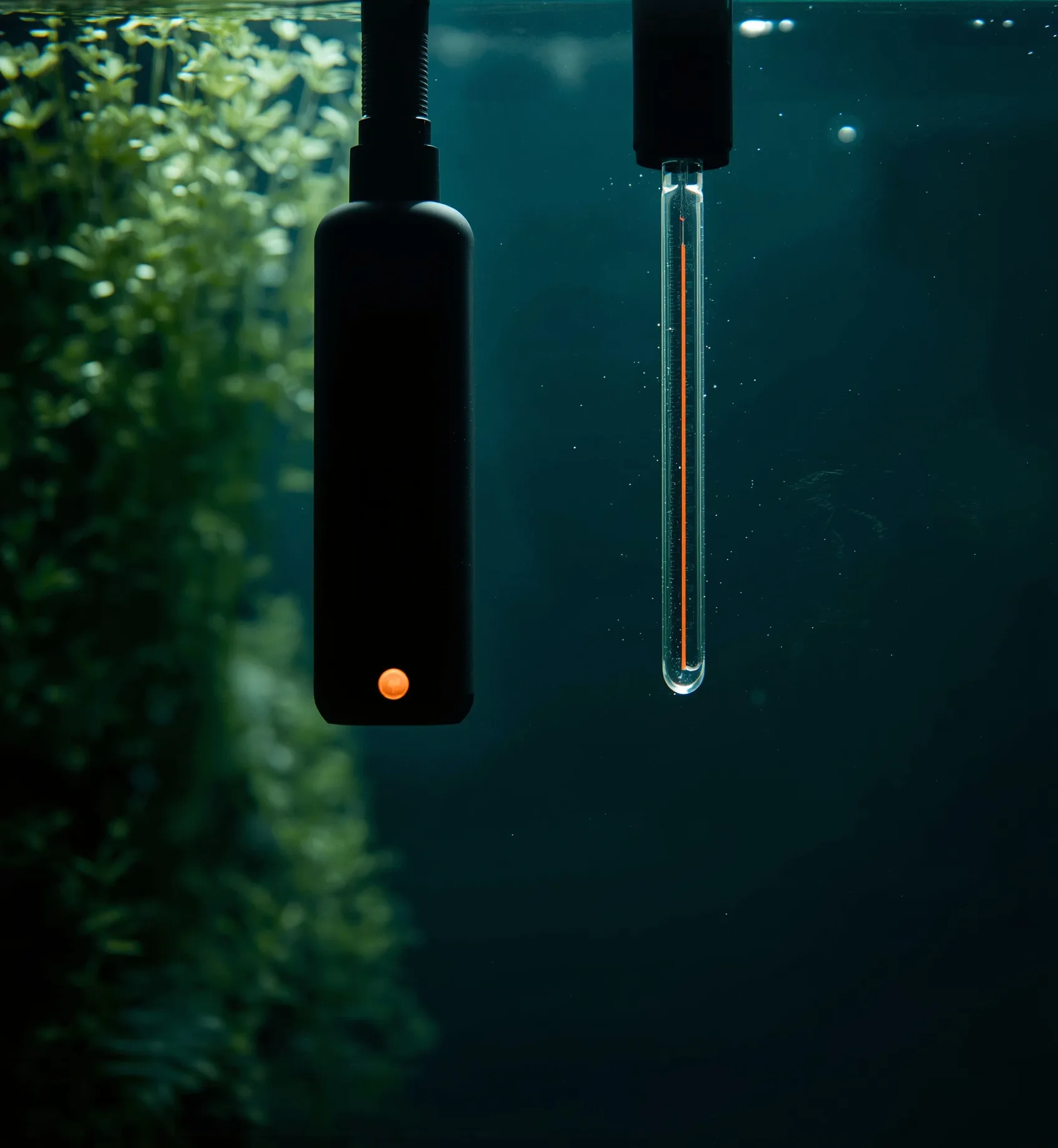Unlabeled submersible heater glowing faintly warm against tank glass, a separate slim red-line thermometer mounted beside it.