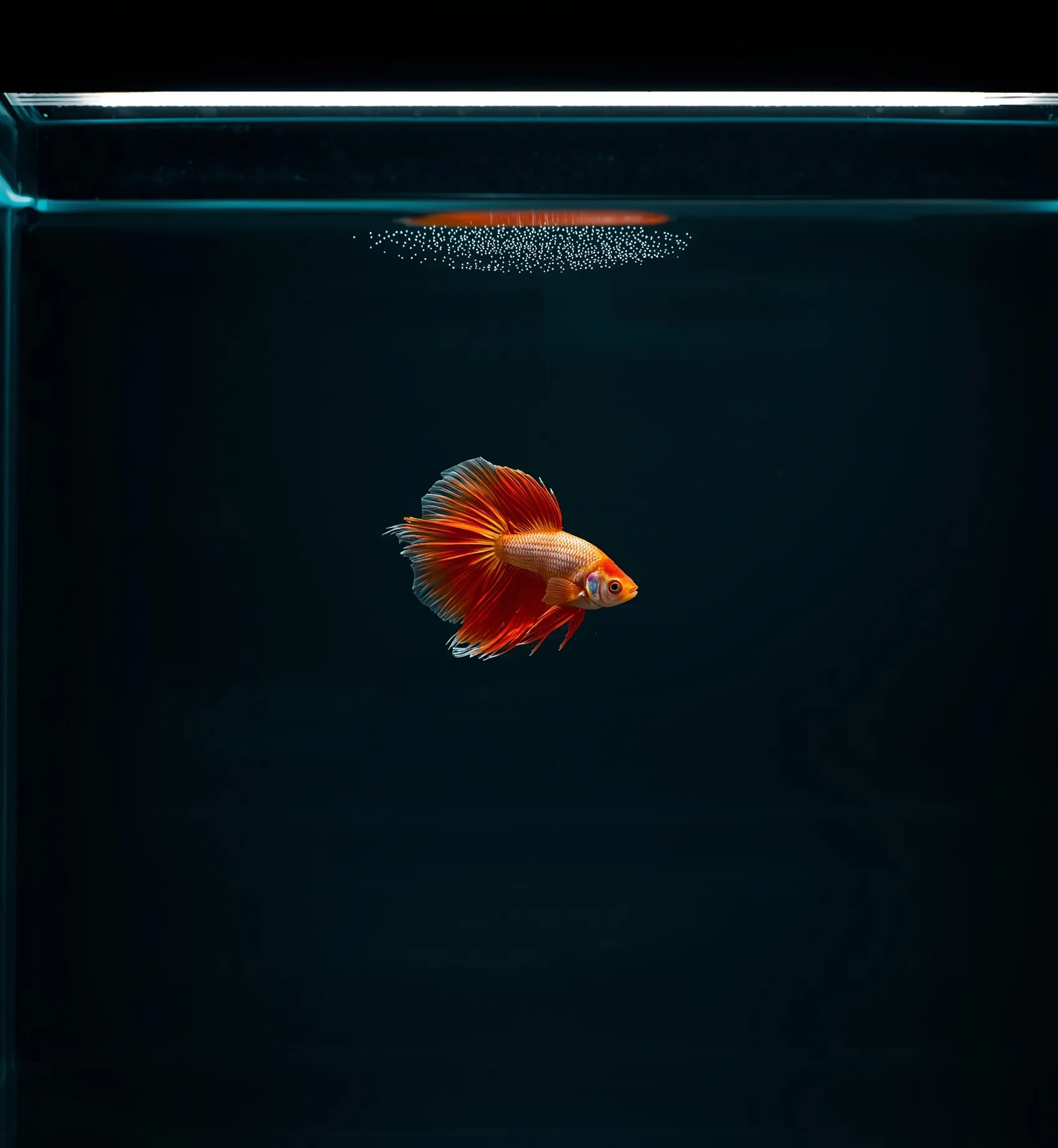 Long-finned coral betta drifts in gentle current below a lidded tank rim traced by cool LED light, deep teal water around it.